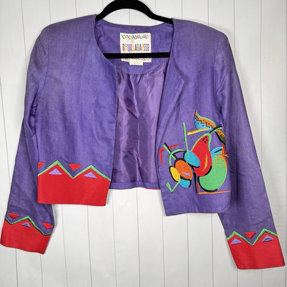 VTG Retro‎ 80s Bouillabaisse Deborah Linen Crop Jacket Tropical Artsy Festive 8